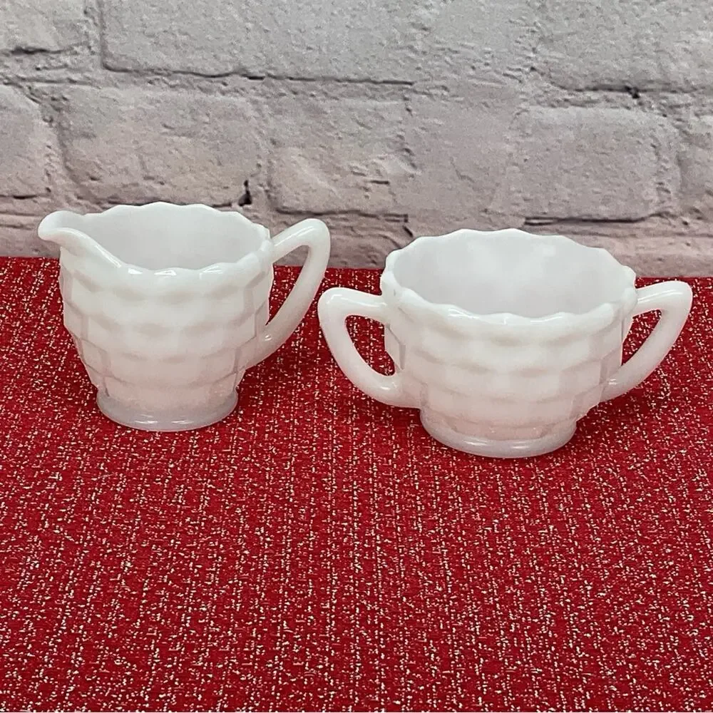 Vintage Opaque by Hazel-Atlas Cubist Sugar/Creamer Milk Glass White Collectible